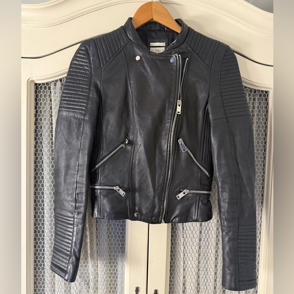 Classic Zara Butter Soft Black Leather Moto Biker Quilted Detail Jacket